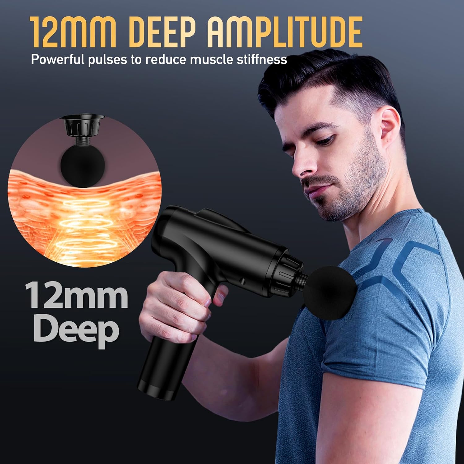 Highlights the product's 12mm deep amplitude feature to demonstrate its effectiveness in reducing muscle stiffness.