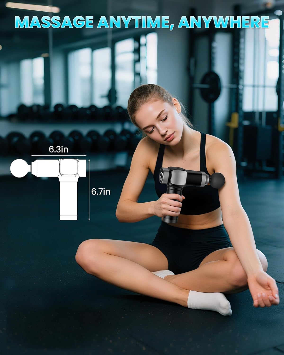 Demonstrates the product can be used for self-massage in various settings, particularly at the gym. Shows the product's dimensions to emphasize its portable, compact size.