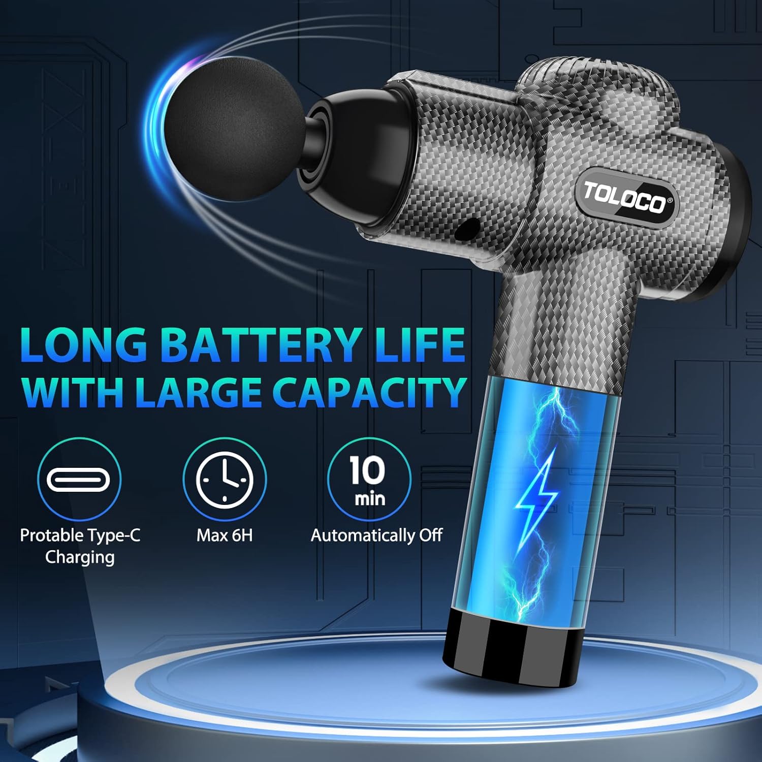 Highlights multiple key features of the massage gun, emphasizing its long-lasting battery and convenient charging options to reassure customers about its usability and endurance.