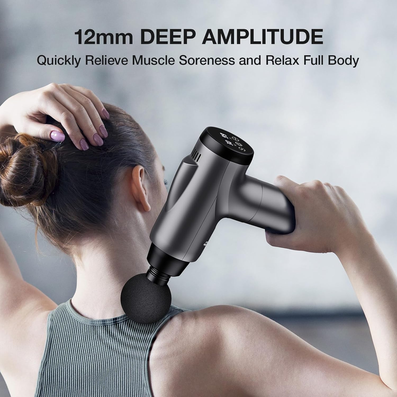 Highlights the product's 12mm deep amplitude feature to quickly relieve muscle soreness and relax the full body.