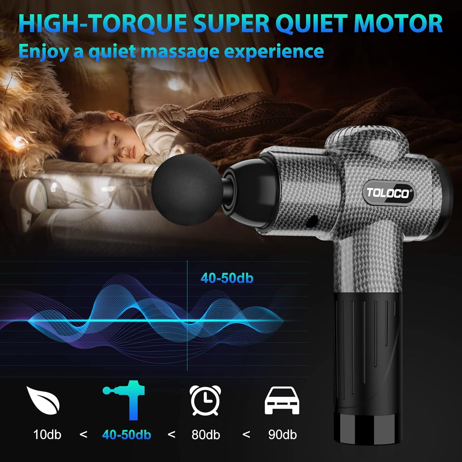 Emphasizes the massage gun's super quiet motor to reassure customers they can enjoy a peaceful massage experience without disturbing others.