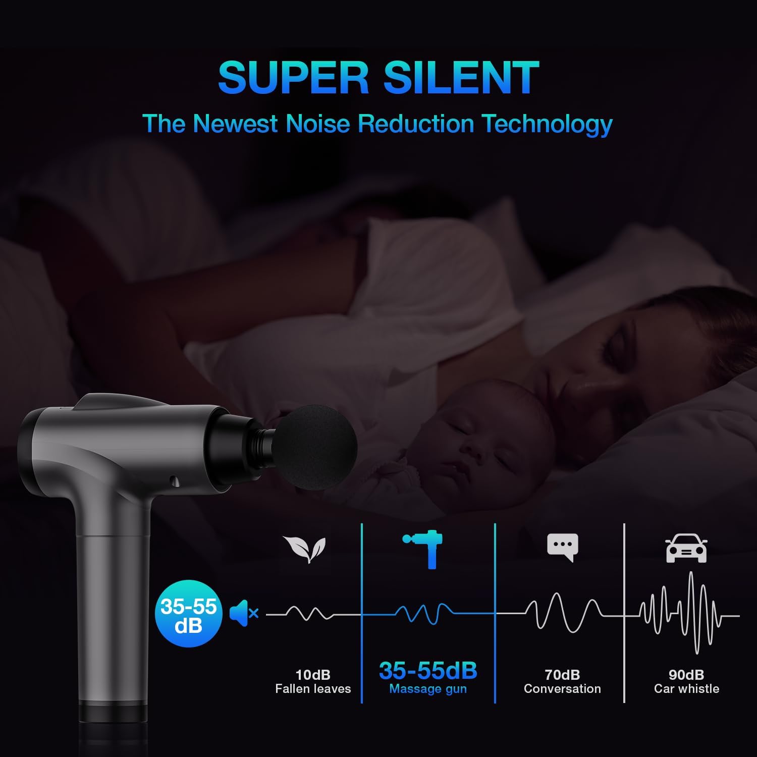 Highlights the product's extremely quiet operation, emphasizing its noise reduction technology for undisturbed sleep or relaxation.