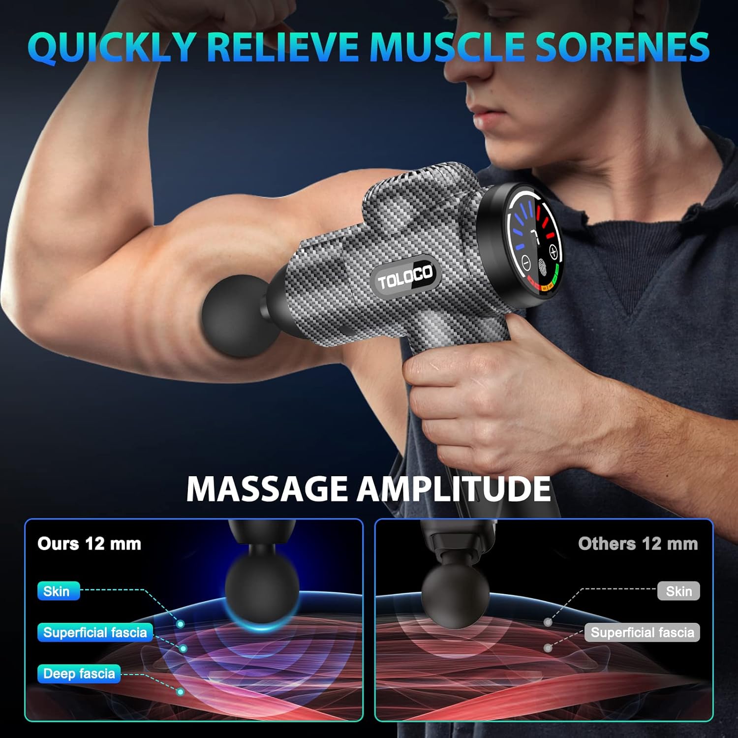 Highlights the product's ability to quickly relieve muscle soreness through deep tissue massage.