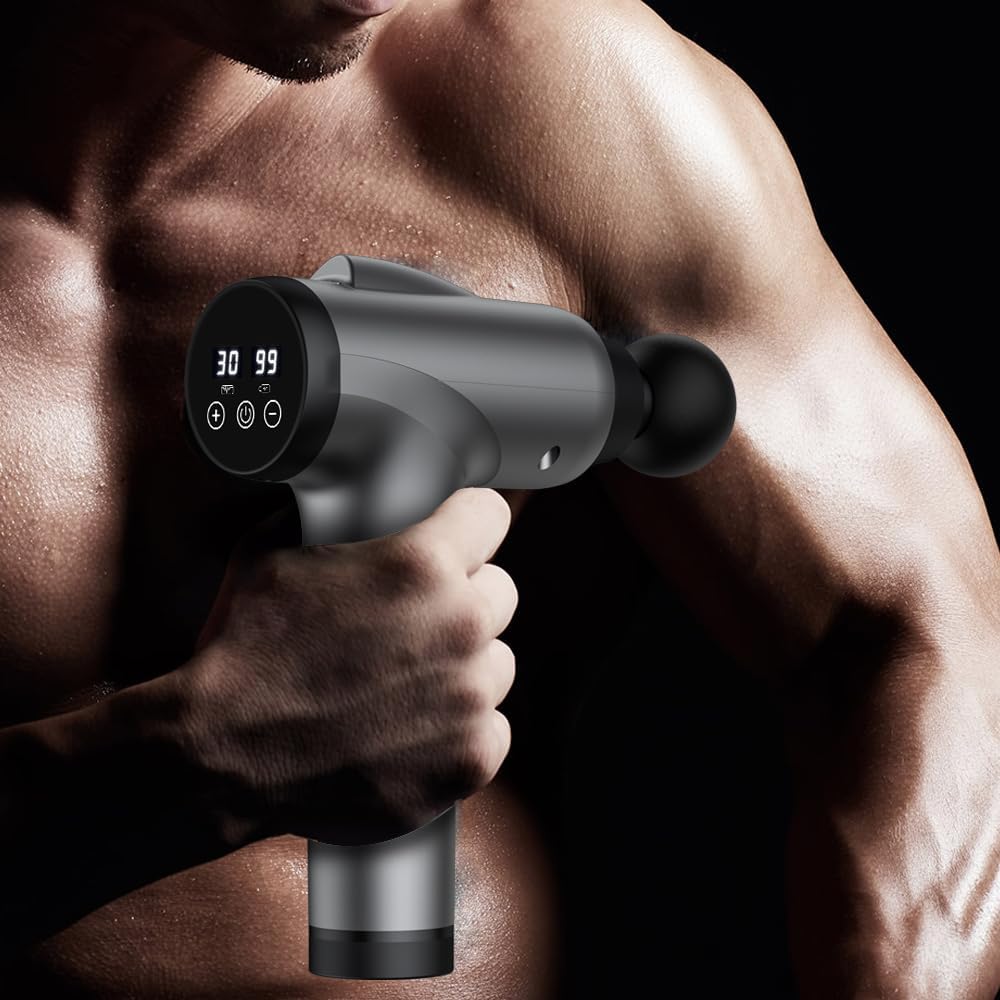 Highlights the product's digital display feature, showing precise control and monitoring of the massage gun's settings. Shows the product in use on a muscular body, demonstrating its application for…