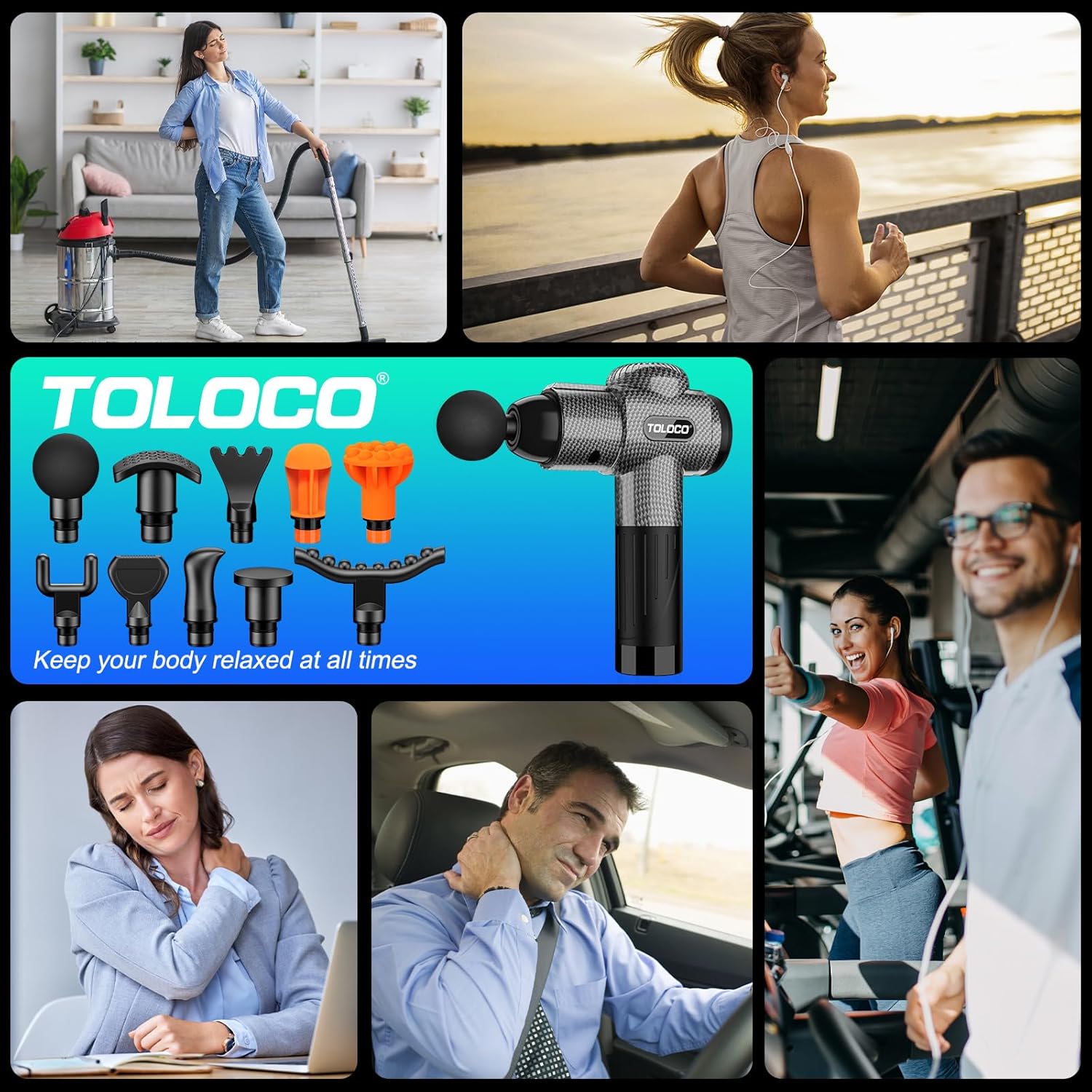 Demonstrates the various scenarios and activities where the massage gun can be used to relieve muscle tension and pain. Showcases the product's various attachments and highlights its main benefit of…