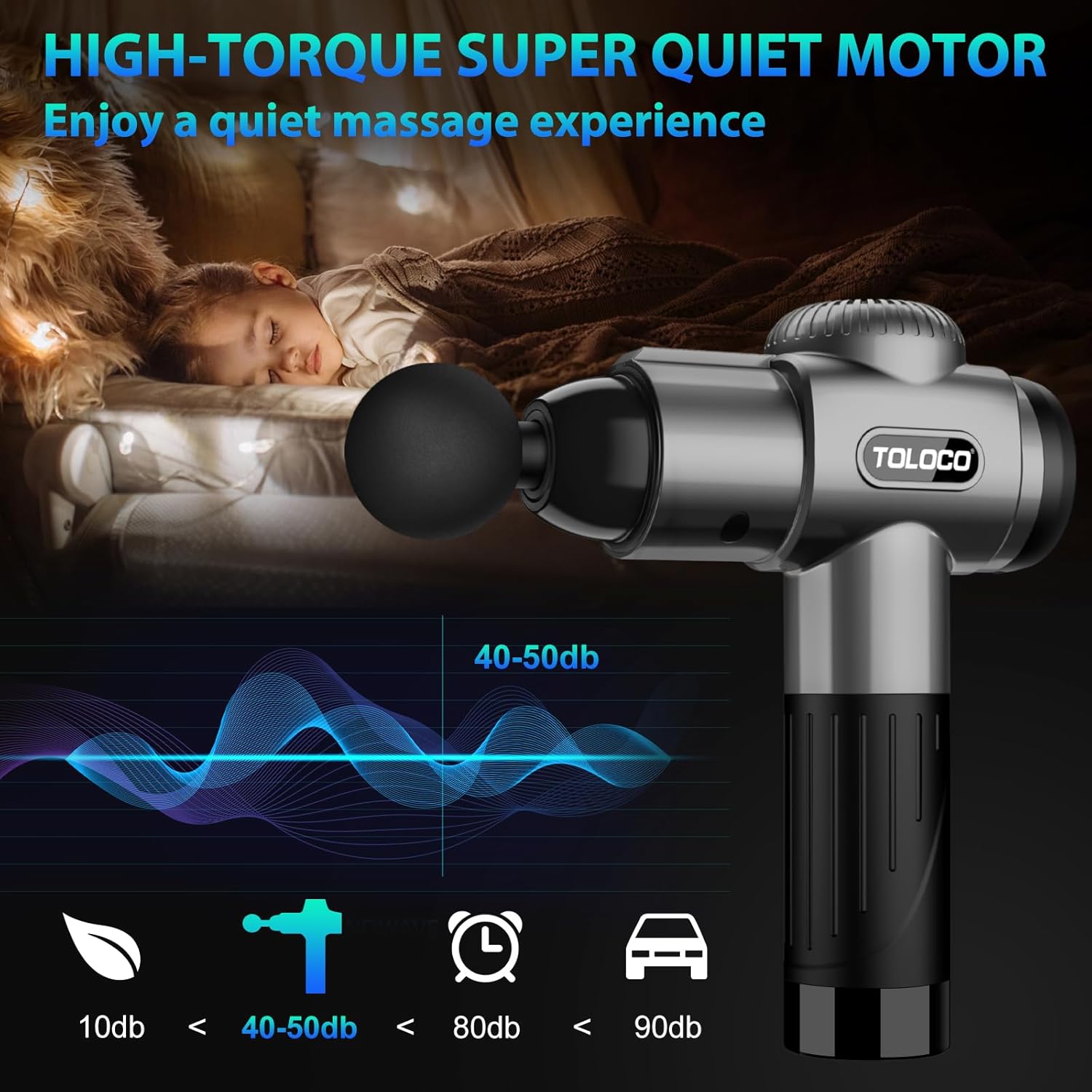 Emphasizes the massage gun's super quiet motor to reassure customers they can enjoy a peaceful massage experience without disturbing others.