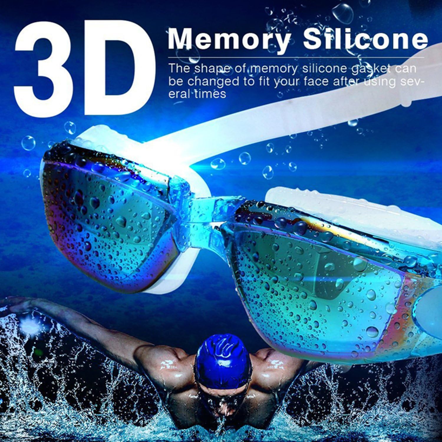 Highlights the product's unique 3D memory silicone feature that allows the goggles to adapt to the user's face shape for a better fit. Demonstrates the goggles' waterproof capability, reassuring…
