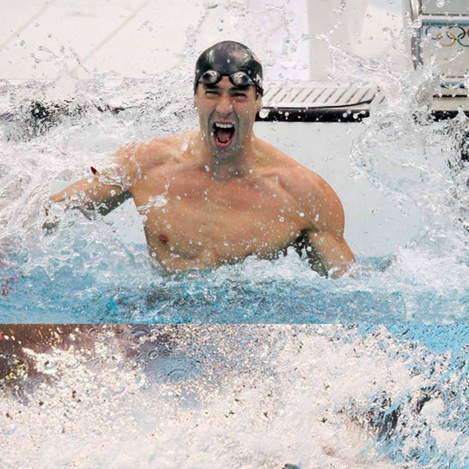 Shows the product (swimming goggles) in use during an intense competitive swimming moment, highlighting its performance in a real-world context.