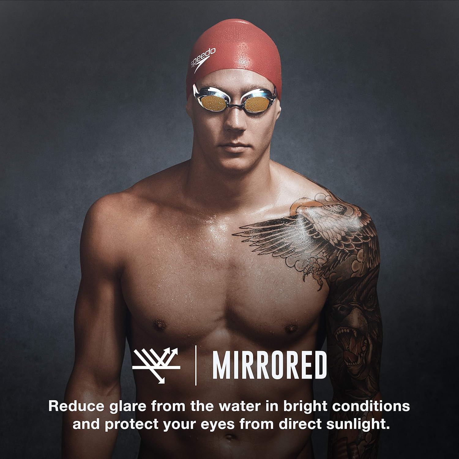 Highlights the mirrored lens feature of the swimming goggles, emphasizing their ability to reduce glare and protect eyes in bright conditions.
