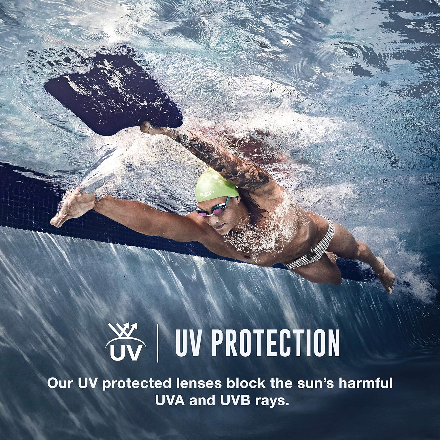 Highlights the UV protection feature of the product's lenses to reassure customers about eye safety while swimming.