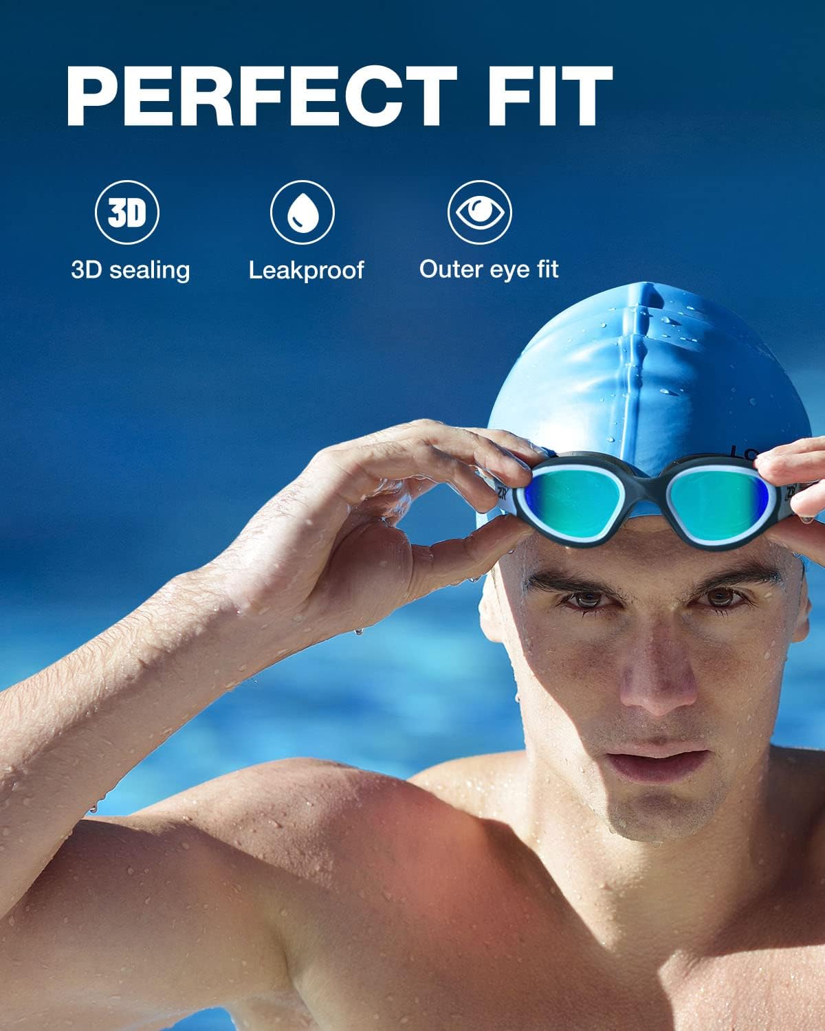 Highlights multiple features of the swimming goggles to demonstrate their superior fit and water-tight seal.