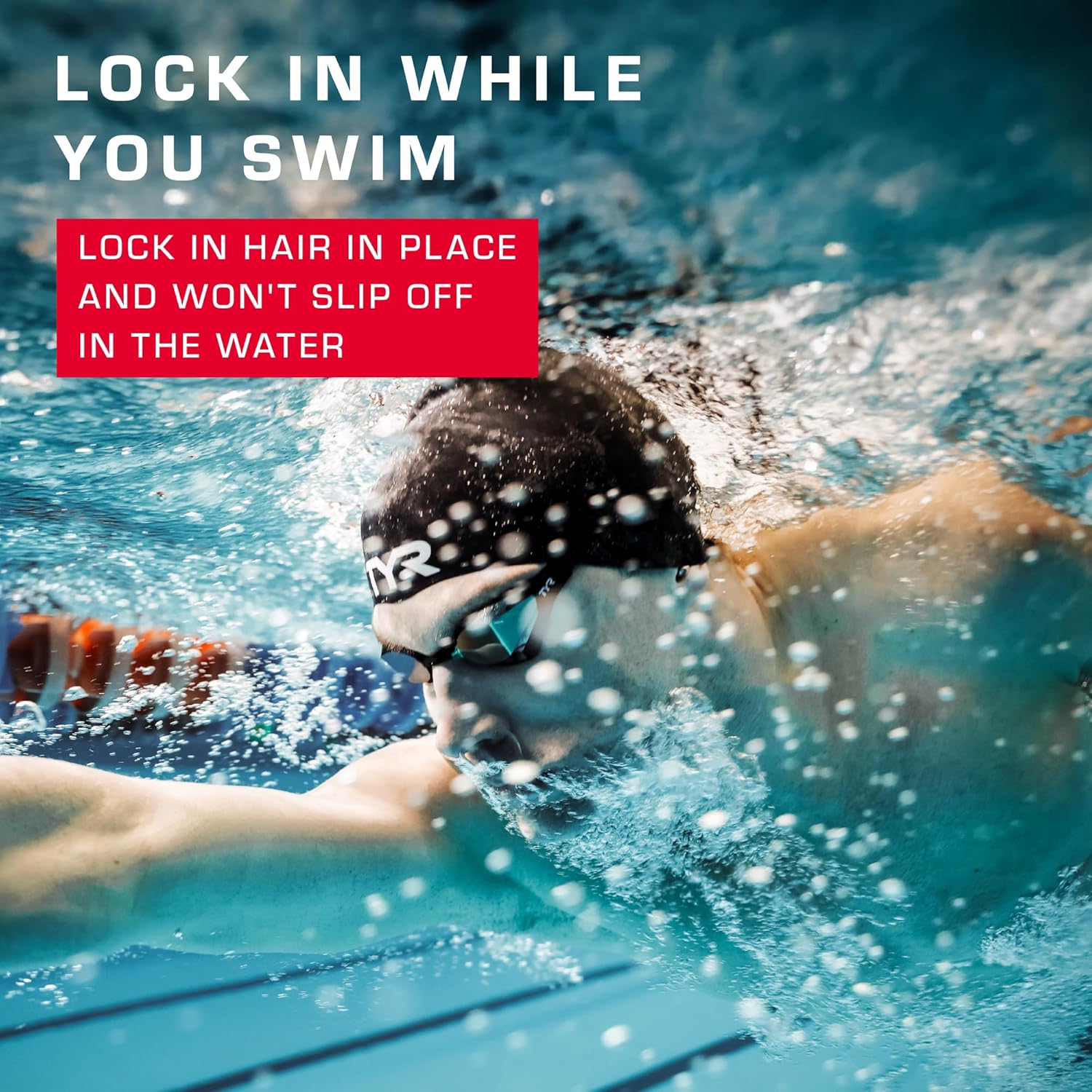 Emphasizes that the product stays securely in place during swimming, providing reassurance to swimmers about its reliability in water.