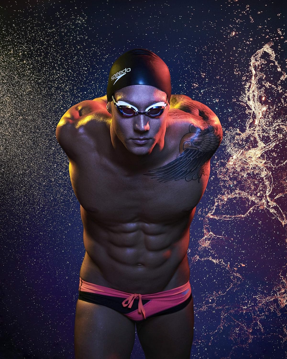 Showcases Speedo's brand identity through a powerful image of a professional swimmer, emphasizing the brand's association with elite athletic performance and swimming.