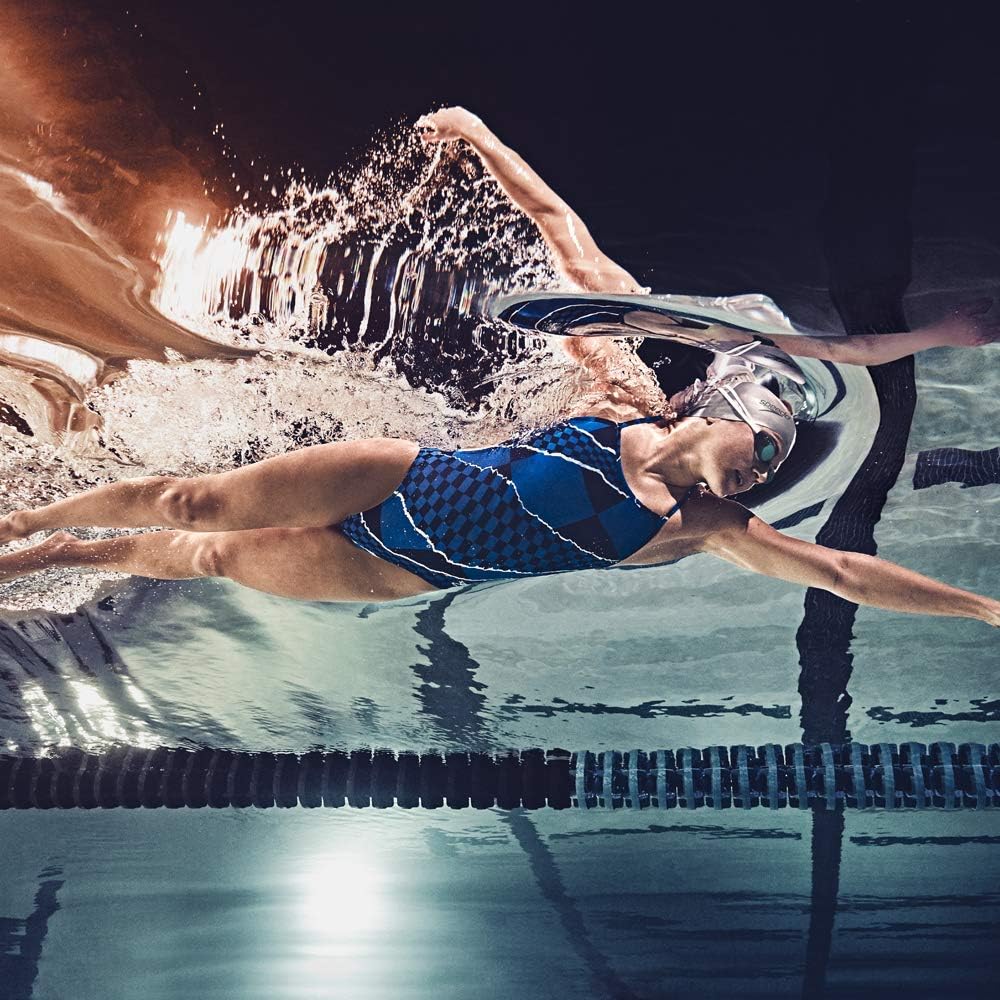 Showcases the product in a high-performance swimming context, emphasizing its suitability for competitive or serious swimmers.