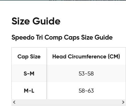 Provides a clear size guide for Speedo Tri Comp Caps, helping customers choose the correct cap size based on head circumference.