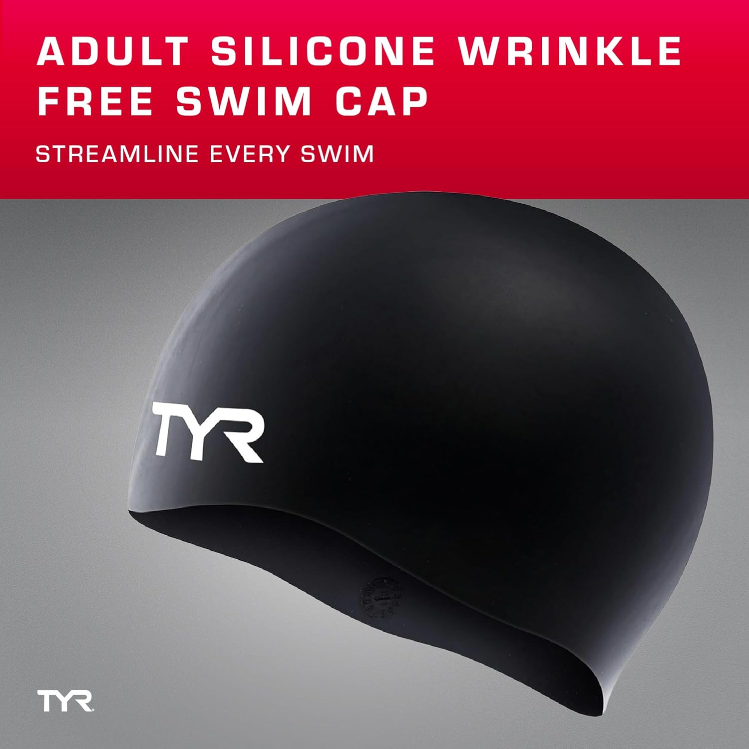 Highlights the swim cap's wrinkle-free silicone material to emphasize improved streamlining and performance for swimmers.