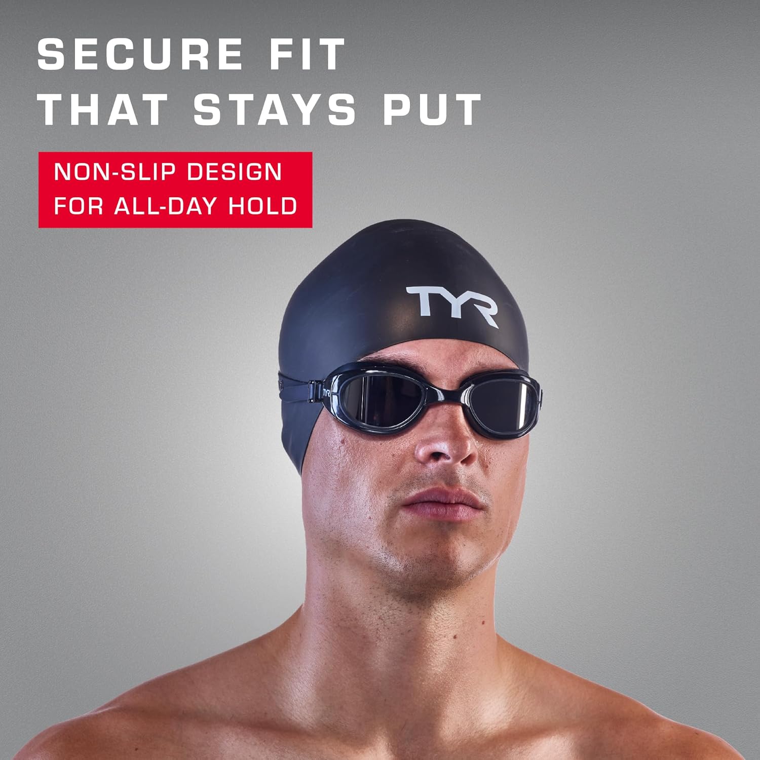 Emphasizes the secure fit and non-slip design of the swimming goggles and cap for all-day hold during swimming activities.