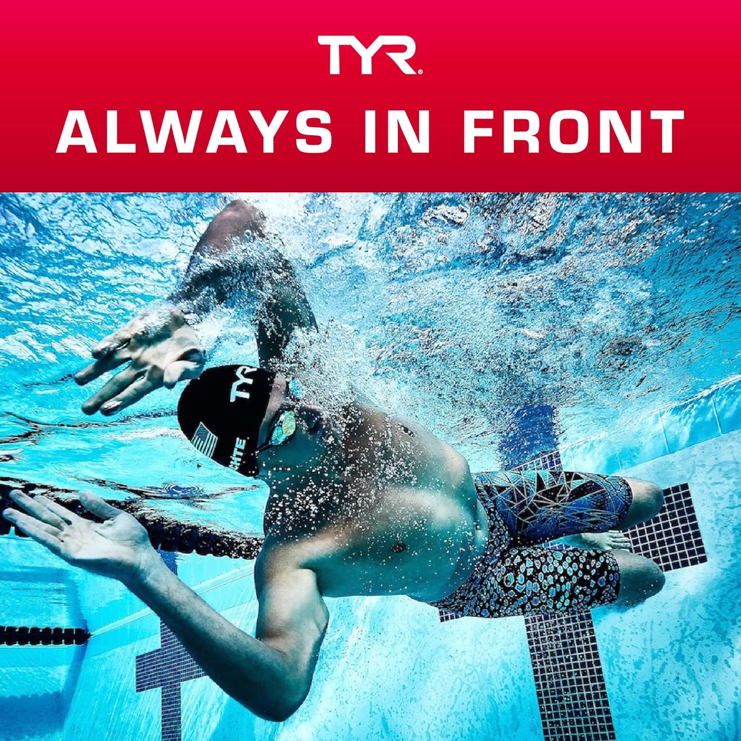 Reinforces the TYR brand identity and positioning as a leader in competitive swimming gear.