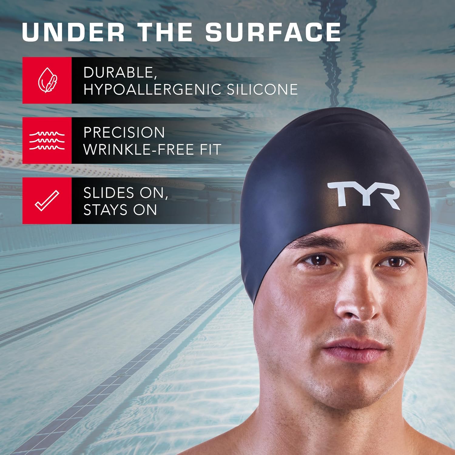 Highlights multiple key features of the swim cap to demonstrate its quality and effectiveness for swimmers.