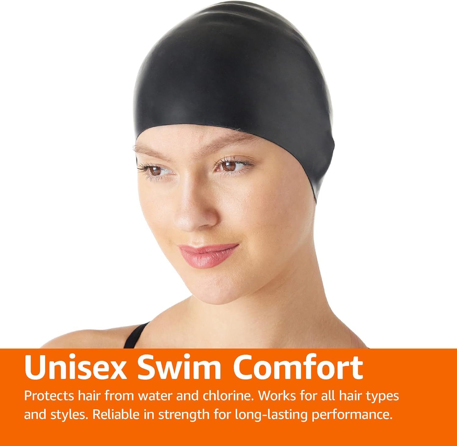 Highlights the swim cap's ability to protect hair from water and chlorine for all hair types, emphasizing comfort and durability.