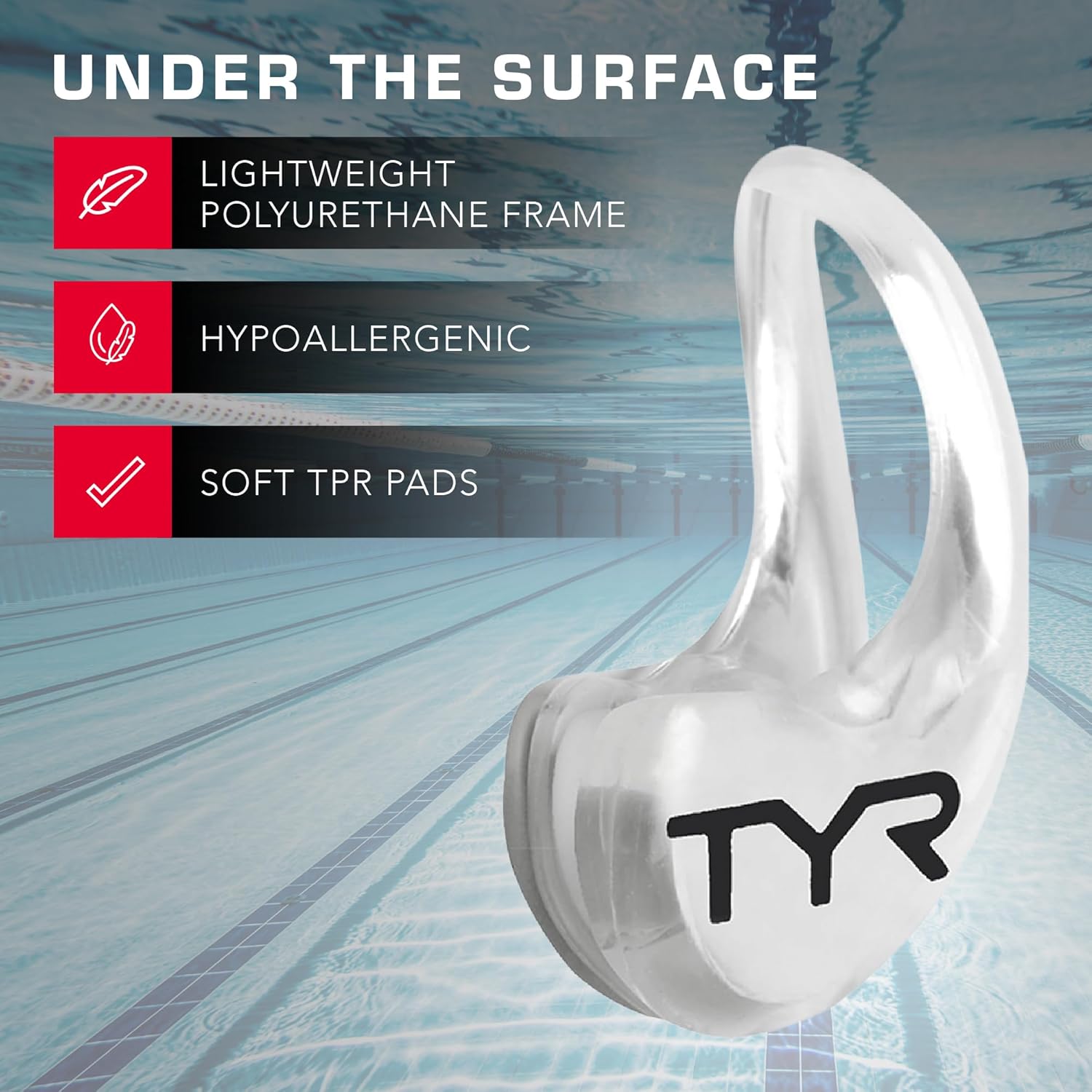 Highlights multiple key features of the nose clip to demonstrate its comfort and suitability for swimming.