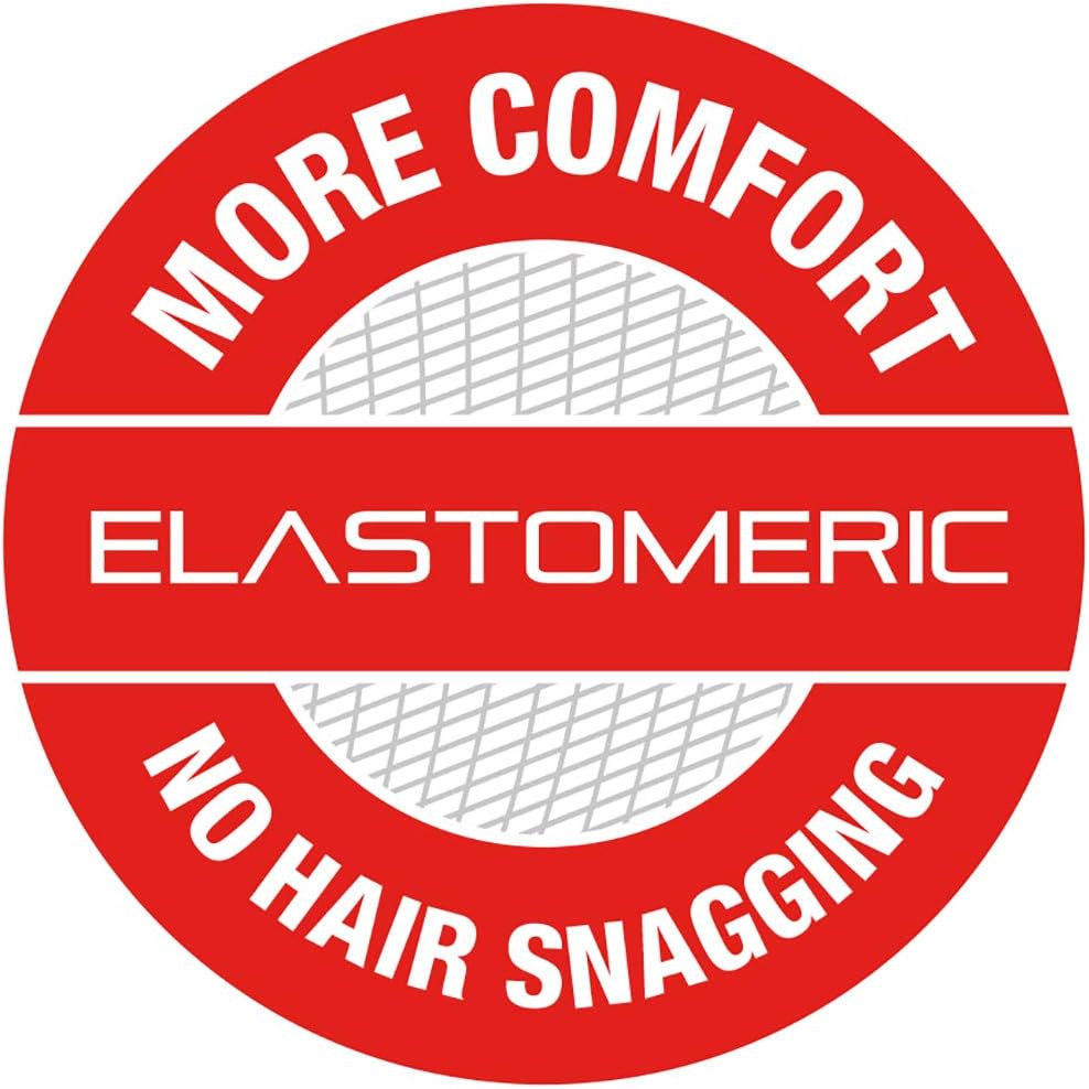 Highlights the product's elastomeric material feature, emphasizing increased comfort and prevention of hair snagging.