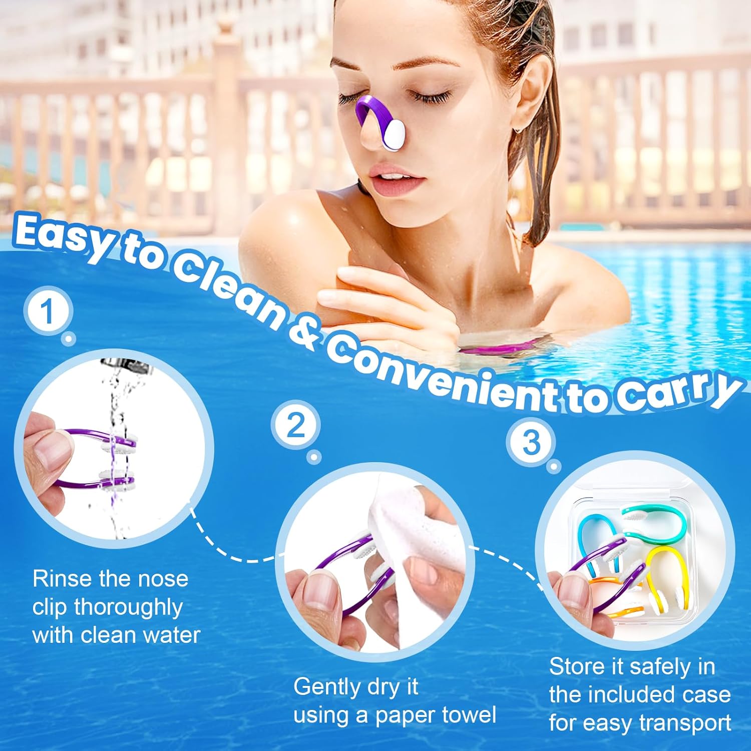 Demonstrates the easy cleaning and storage process for the nose clip, emphasizing its convenience for regular use and travel. Highlights the product's ease of cleaning and portability as key…