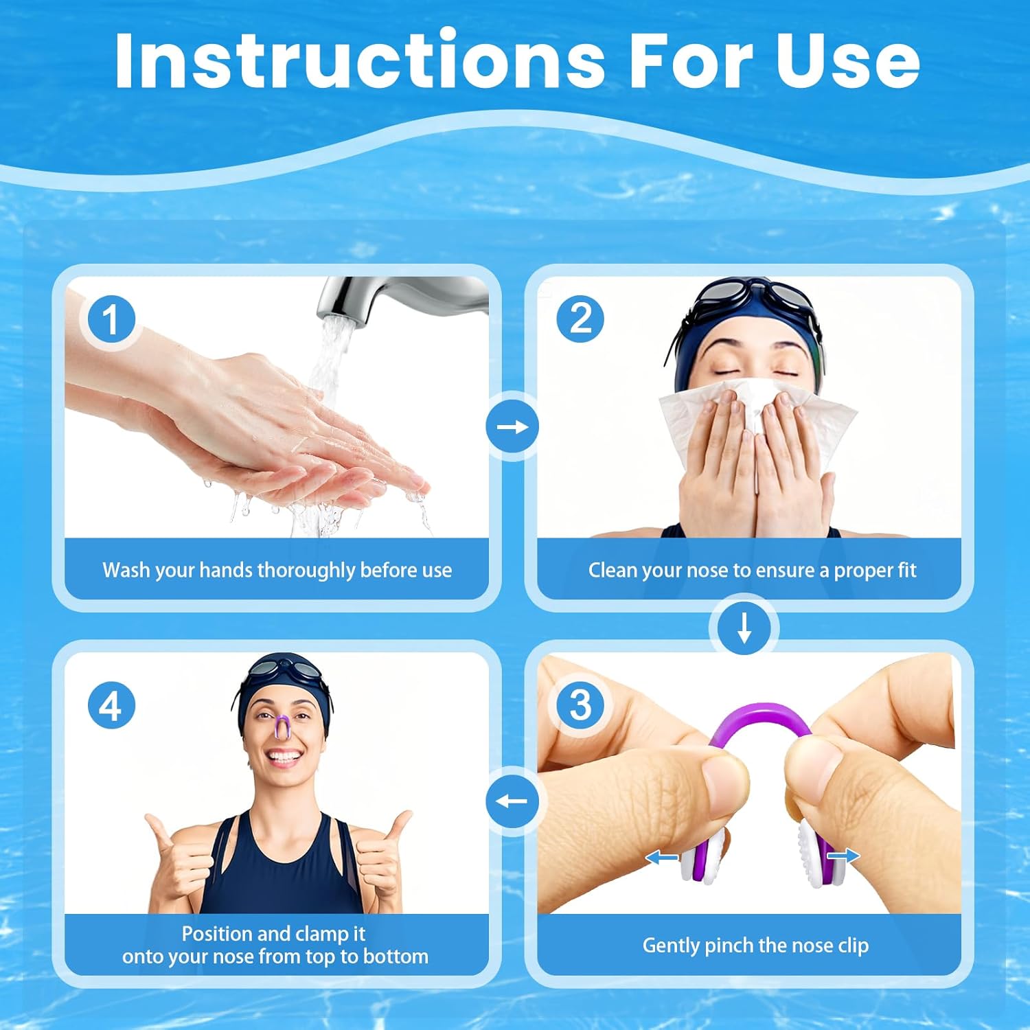 Provides step-by-step instructions on how to correctly use and apply a nose clip for swimming, ensuring proper fit and effectiveness.