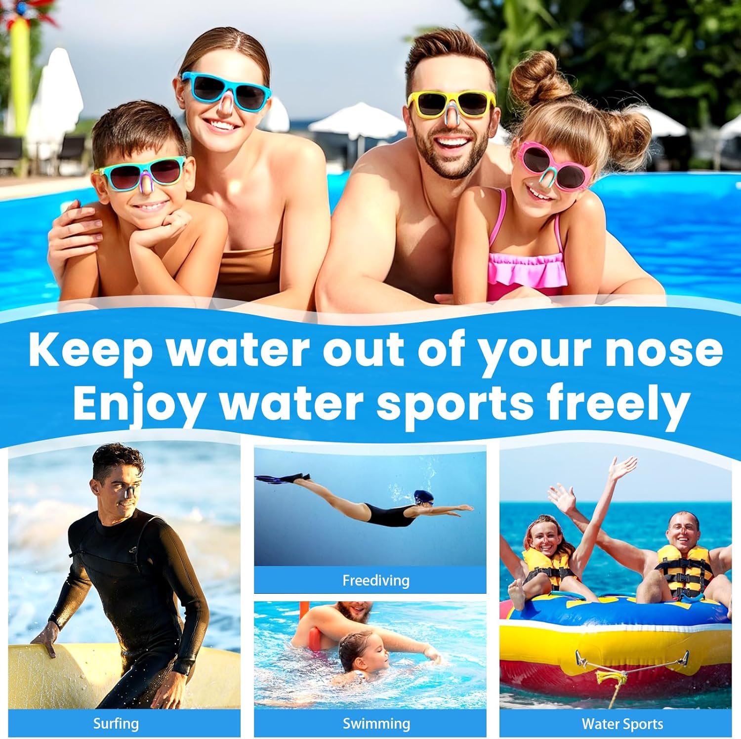 Shows different applications for using this nose clip.
Surfing, freediving, swimming and water sports.