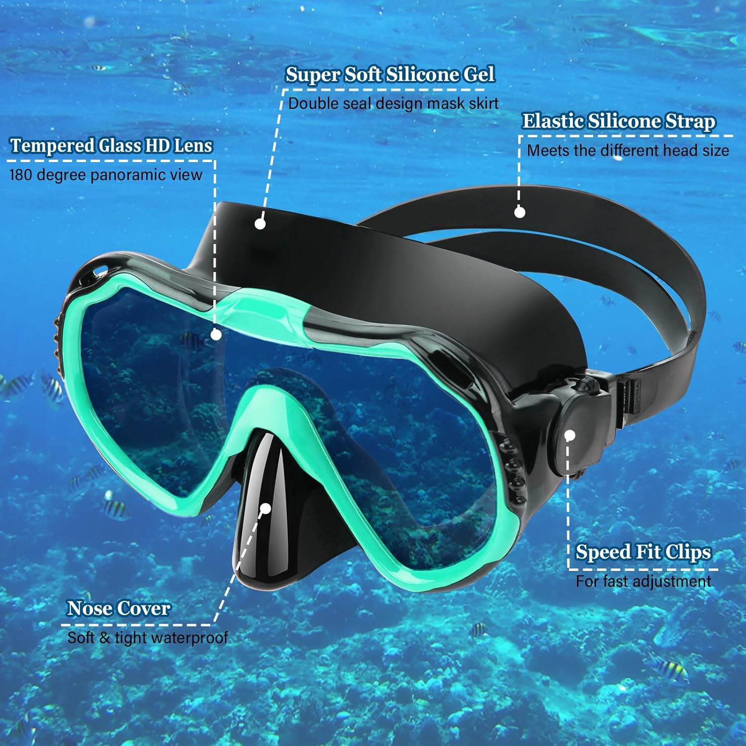Highlights the key components and features of the diving mask to demonstrate its quality and functionality.