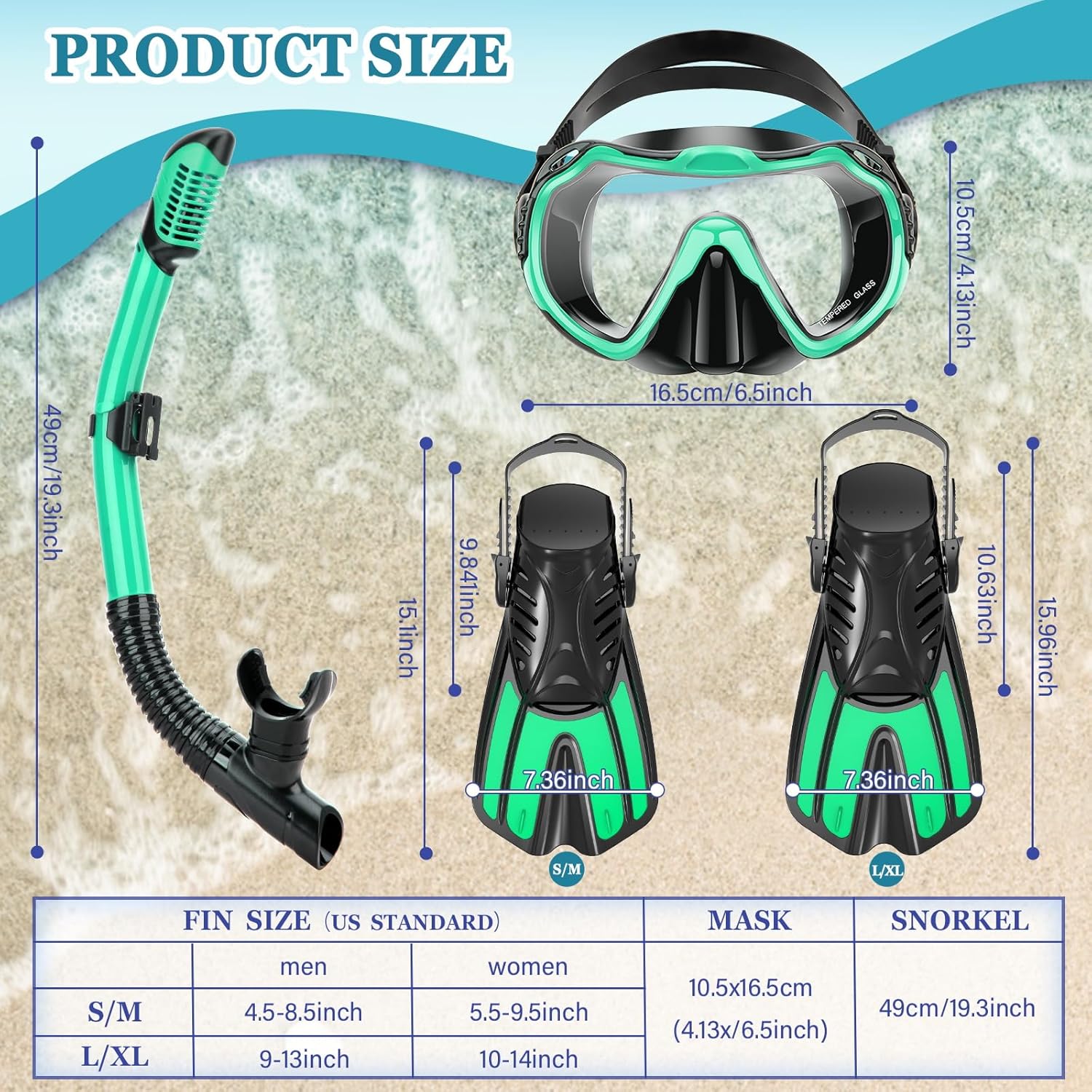 Provides exact measurements of the snorkeling gear to help customers choose the right size and understand the product's proportions.