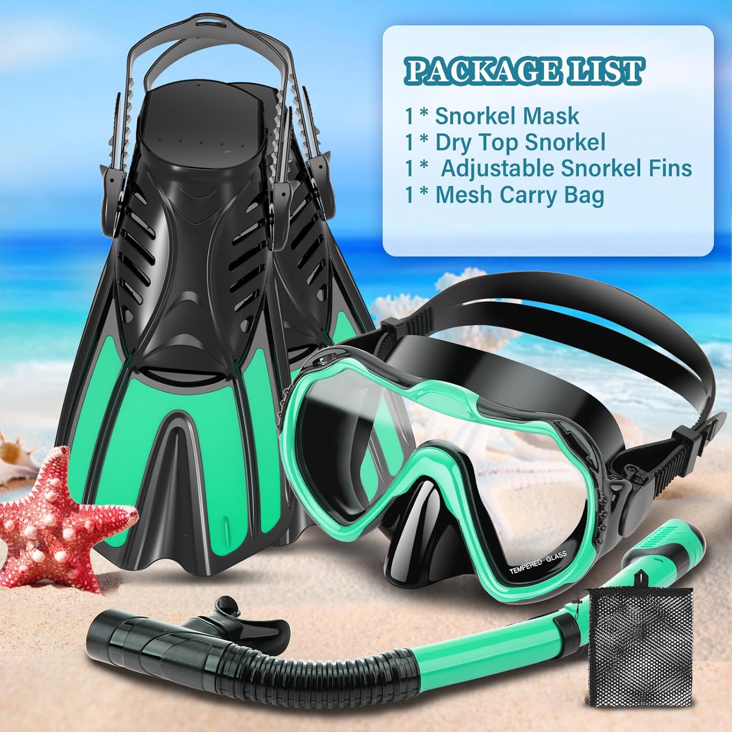 Shows all items included in the snorkeling set package to inform customers of the complete contents they will receive.