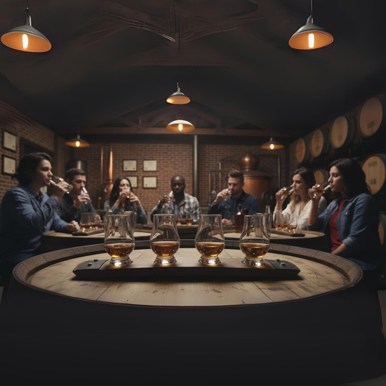 Showcases the product being enjoyed in a social setting, emphasizing the premium and communal nature of the whiskey tasting experience.