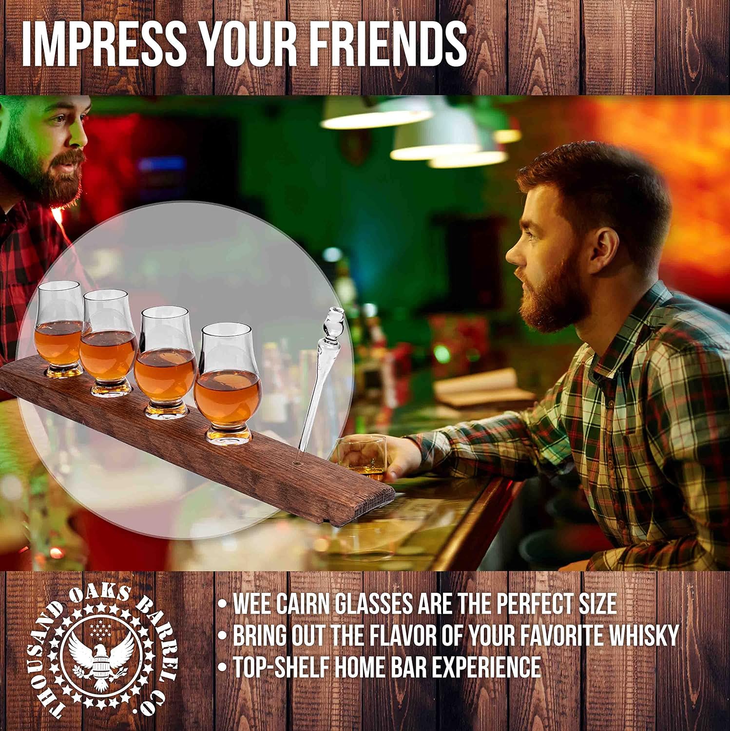 Showcases how the product can be used to impress friends and create a top-shelf home bar experience. Highlights that the Wee Cairn glasses are the ideal size for bringing out the flavor of whisky.