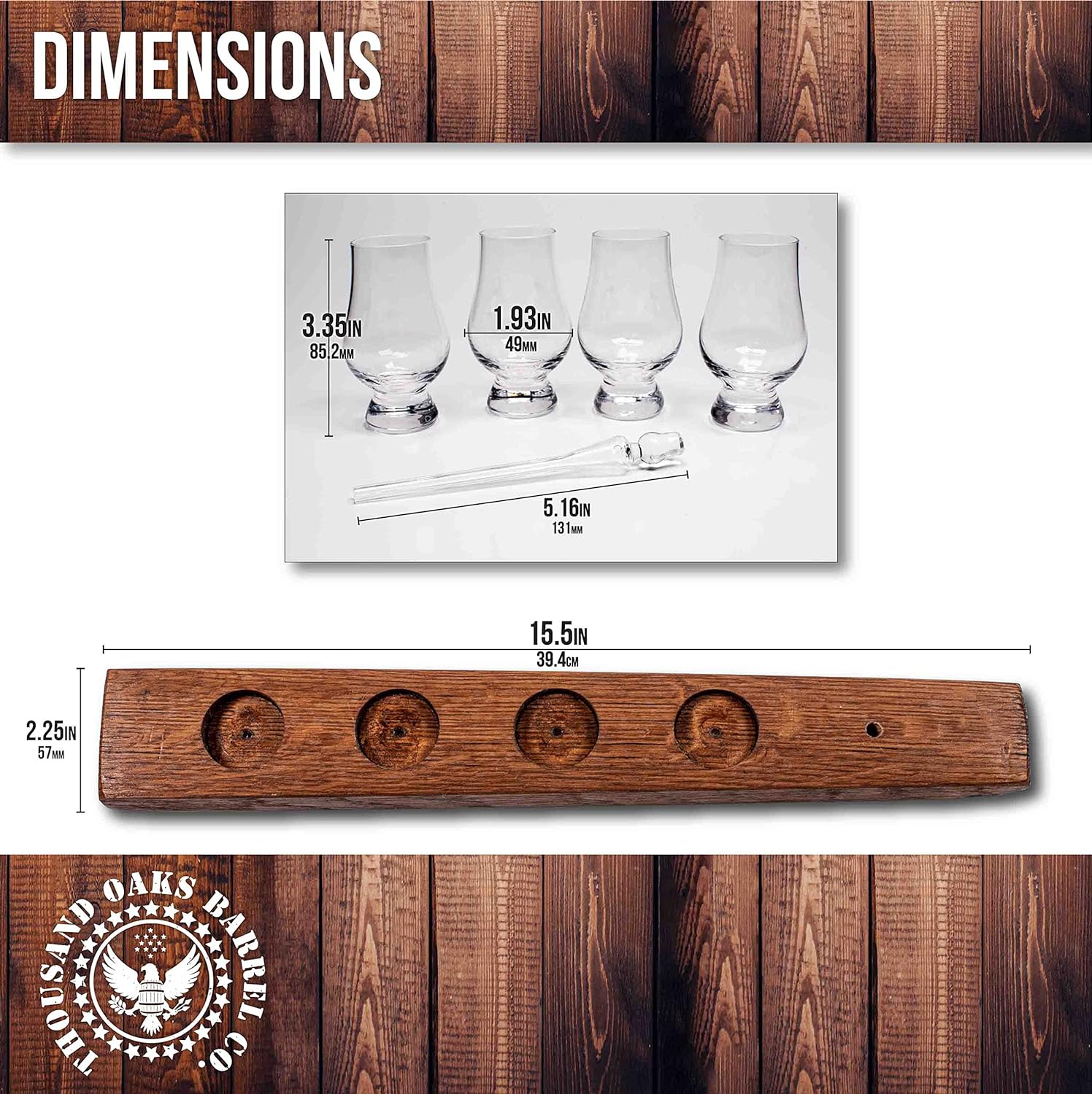 Provides exact measurements of the glassware set and wooden holder to help customers understand the size and fit of the product.