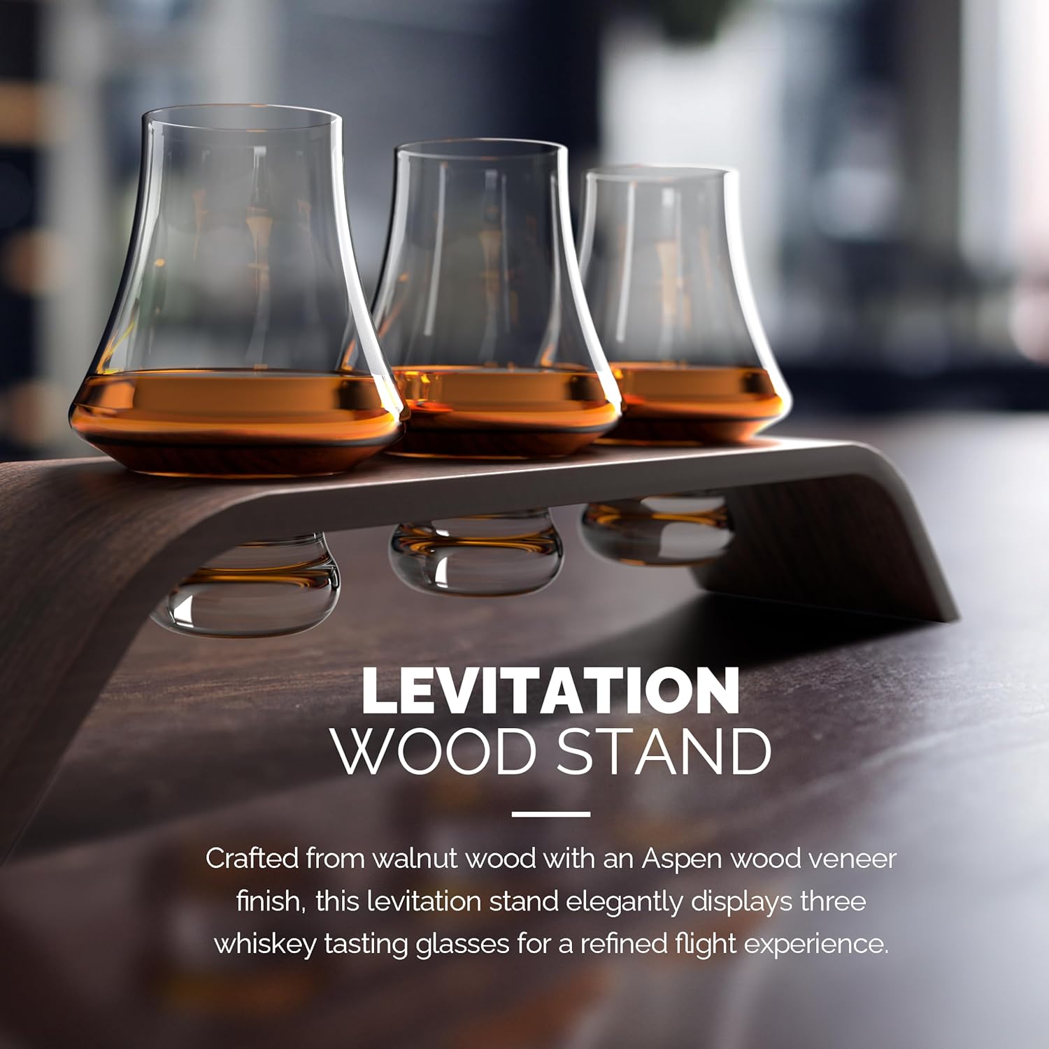 Highlights the unique levitation feature of the wood stand, showcasing its elegant design for displaying whiskey tasting glasses.