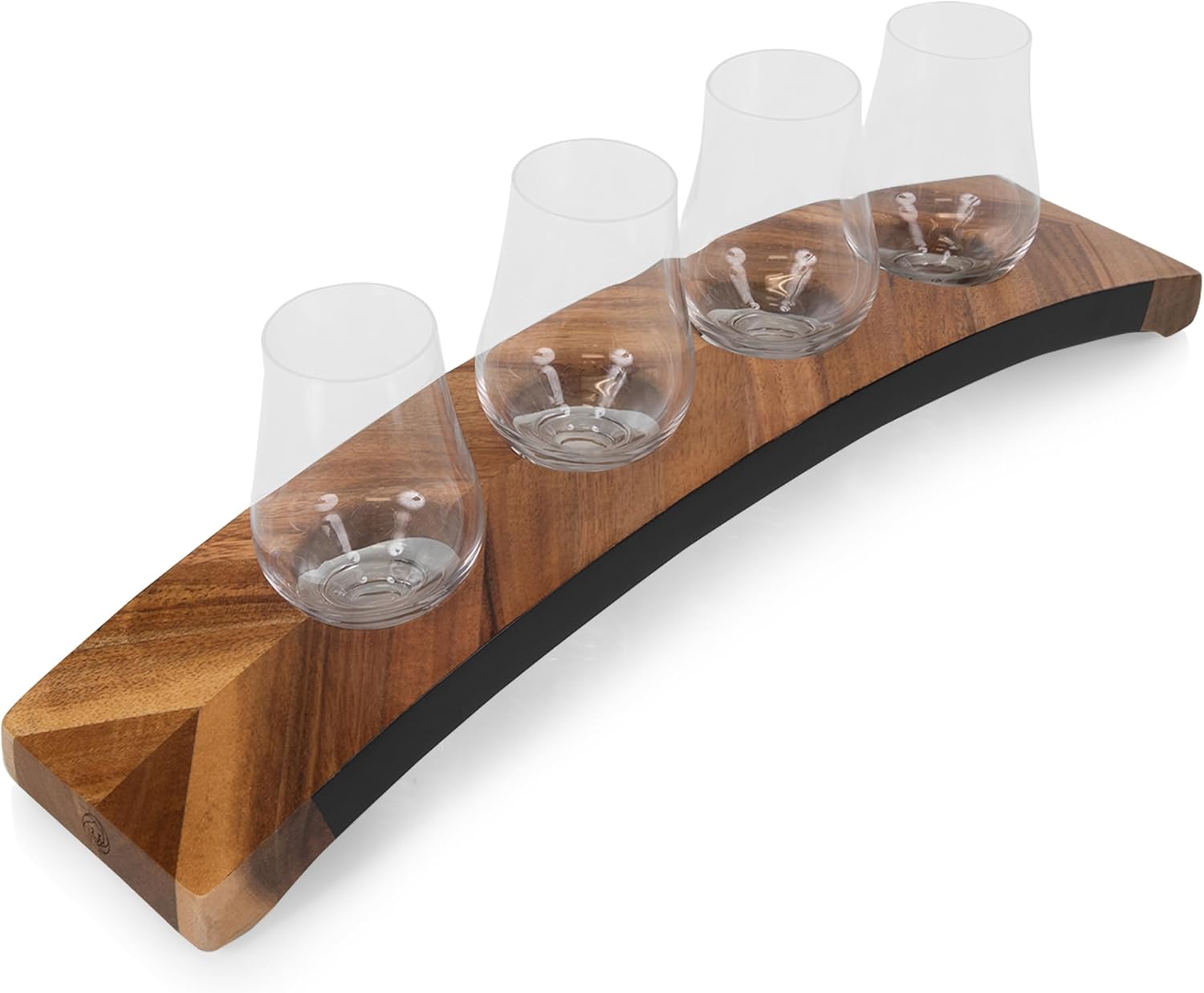 Shows the complete set of wine glasses and the wooden stand they come with, giving the shopper a clear view of what's included in the purchase.