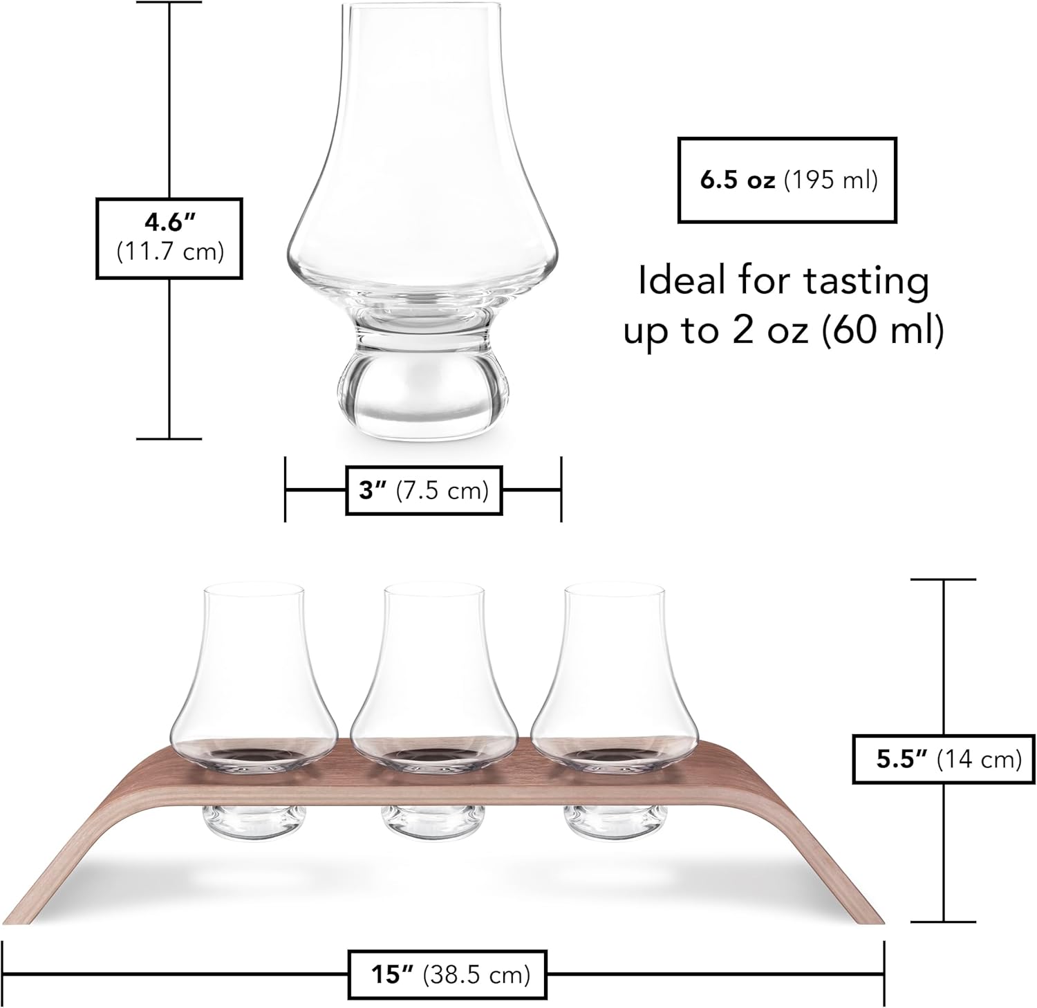 Provides exact measurements of the glassware to help customers understand its size and capacity for tasting. Shows the complete set of glassware and wooden stand included in the purchase, giving…