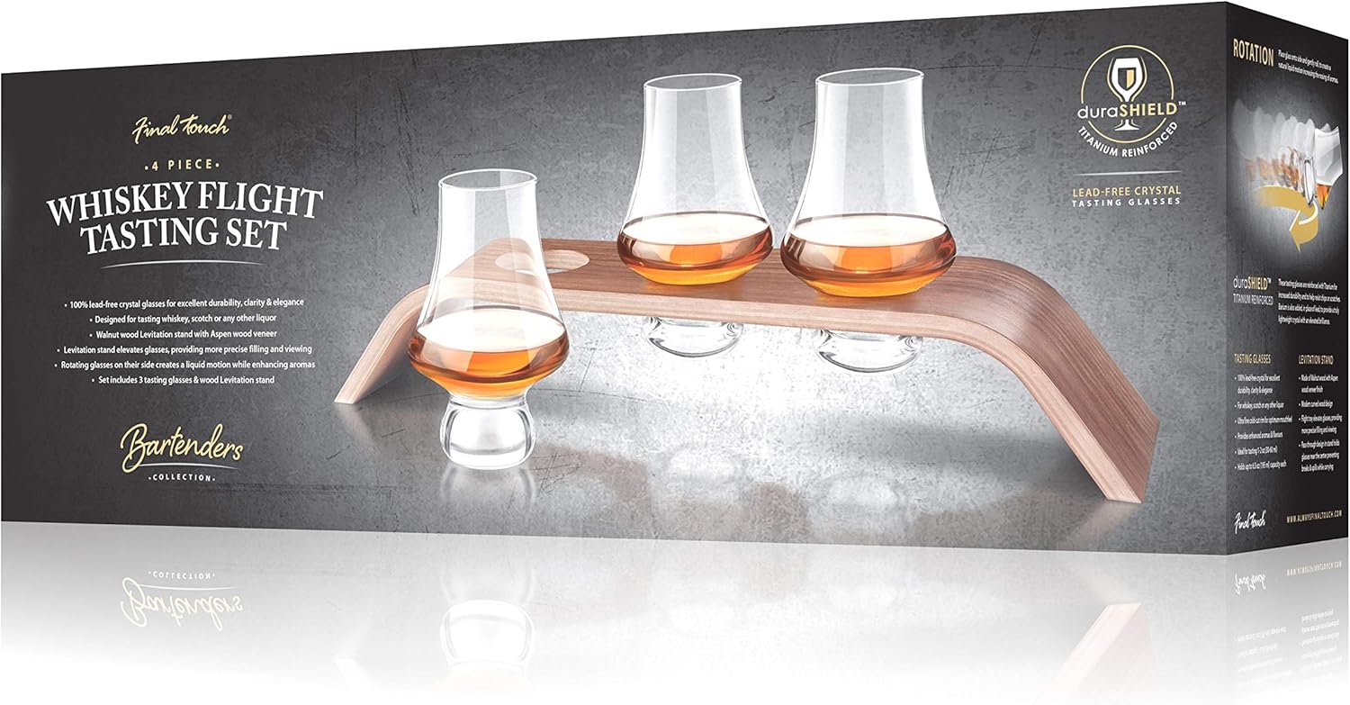 Shows the complete set of glassware and wooden stand included in the whiskey tasting set, highlighting the premium quality and design of the product.