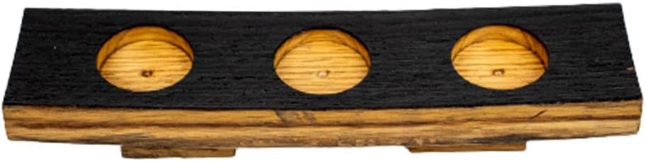 Showcases the product design and capacity, highlighting its ability to hold three candles in a rustic wooden base.