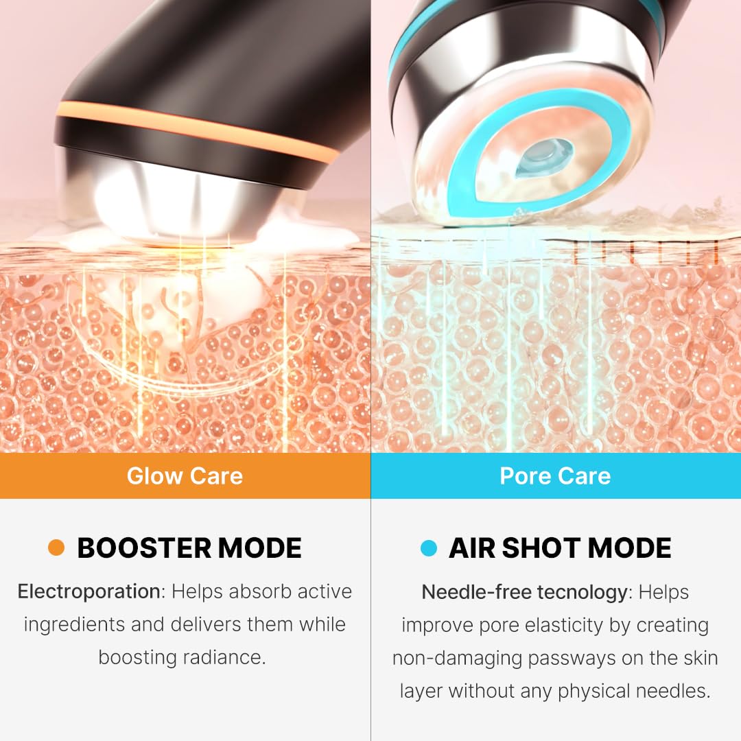 Demonstrates two distinct skincare benefits: boosting radiance and improving pore elasticity through different technologies.