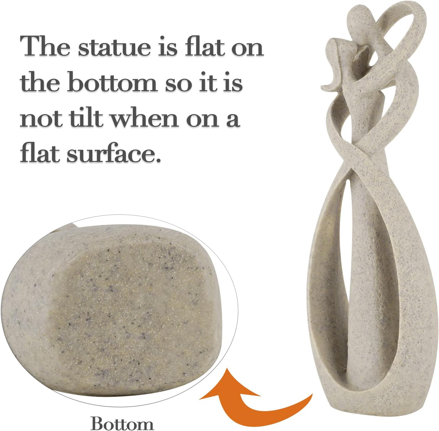 Highlights the statue's flat bottom design to reassure customers it will stand stably on flat surfaces without tilting.