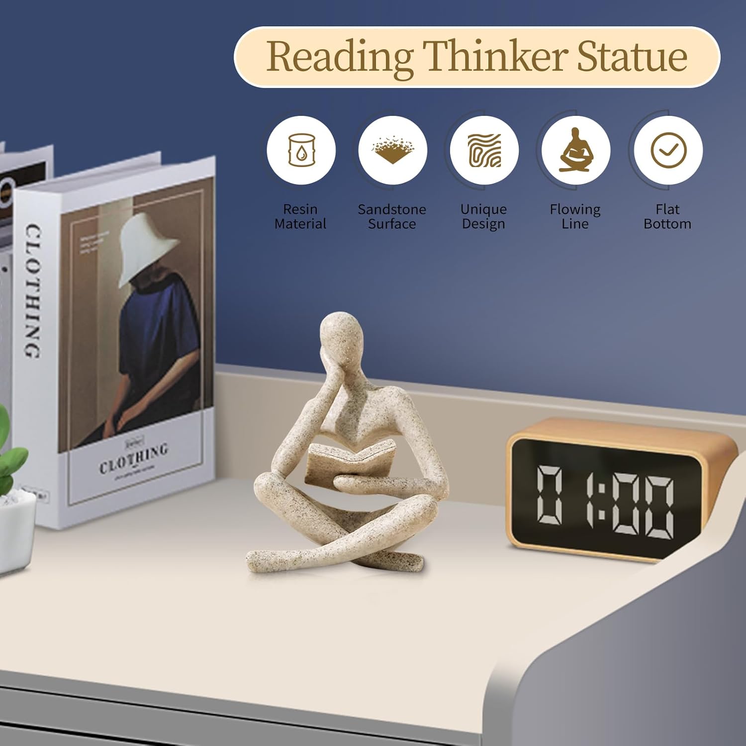 Highlights multiple features of the Reading Thinker Statue, including its resin material, sandstone surface, unique design, flowing lines, and flat bottom for stability.