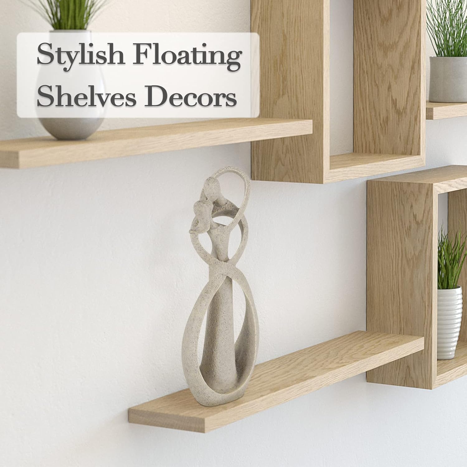 Showcases how the floating shelves can be used to create a stylish and organized living space with decorative items.
