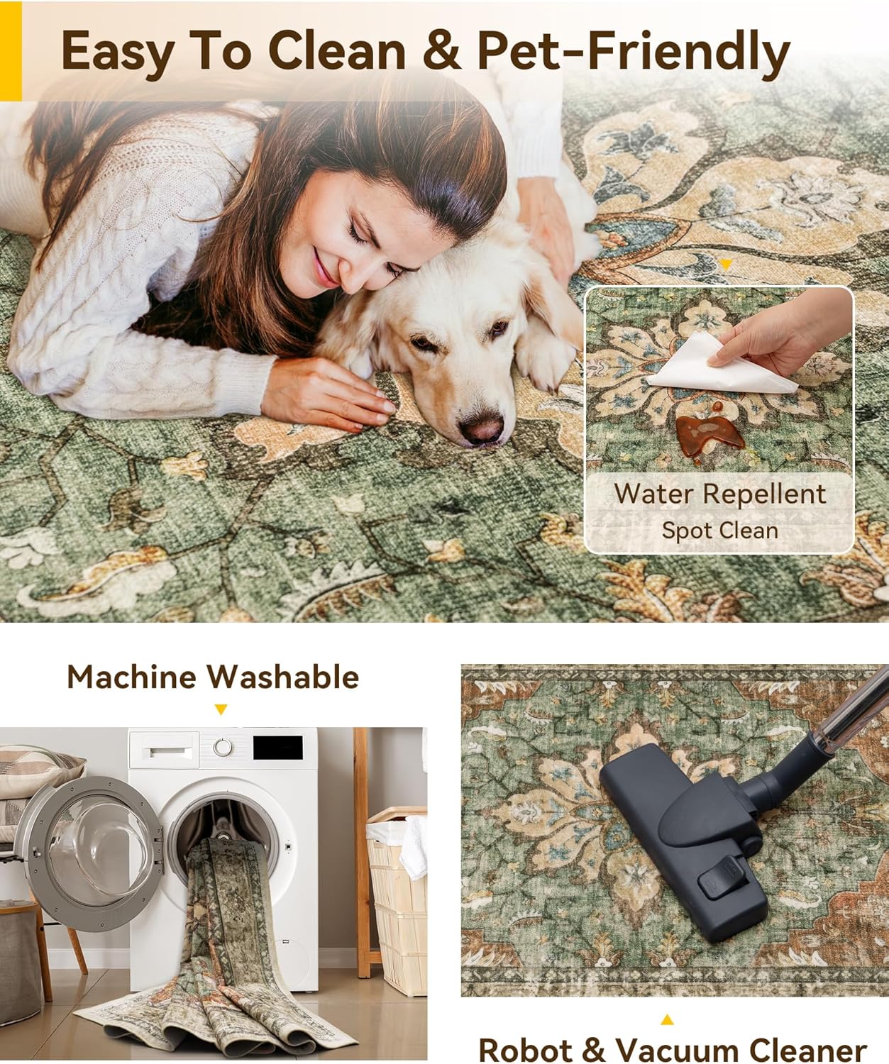 Highlights multiple features that make the rug easy to maintain and suitable for homes with pets, reassuring potential buyers about its practicality and durability.