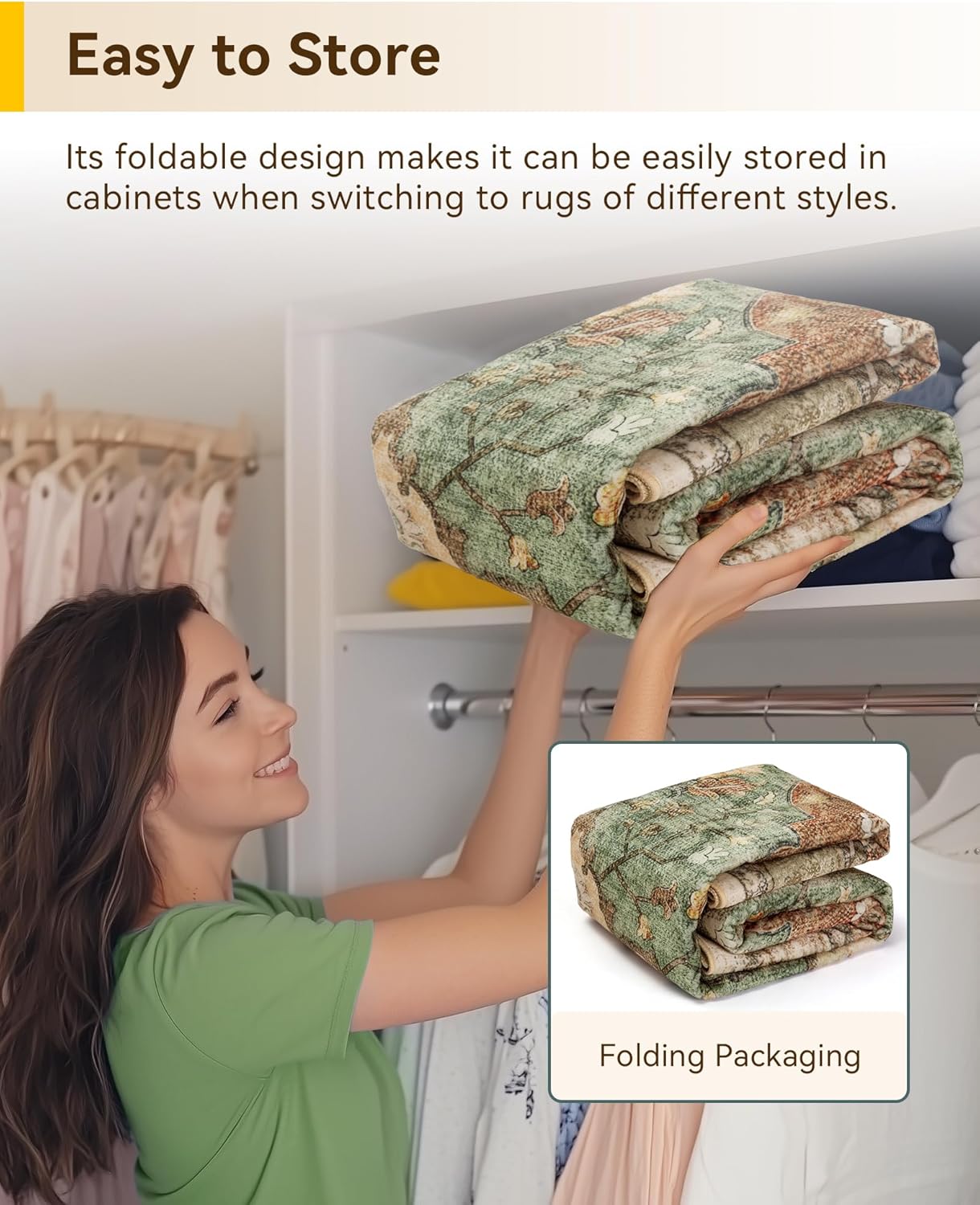 Demonstrates how the product's foldable design allows for convenient storage in cabinets, emphasizing its space-saving benefit.