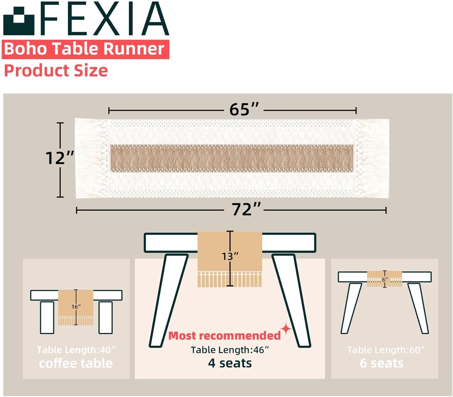 Provides exact measurements of the table runner and illustrates how it fits on different table sizes to help customers choose the right size for their needs.