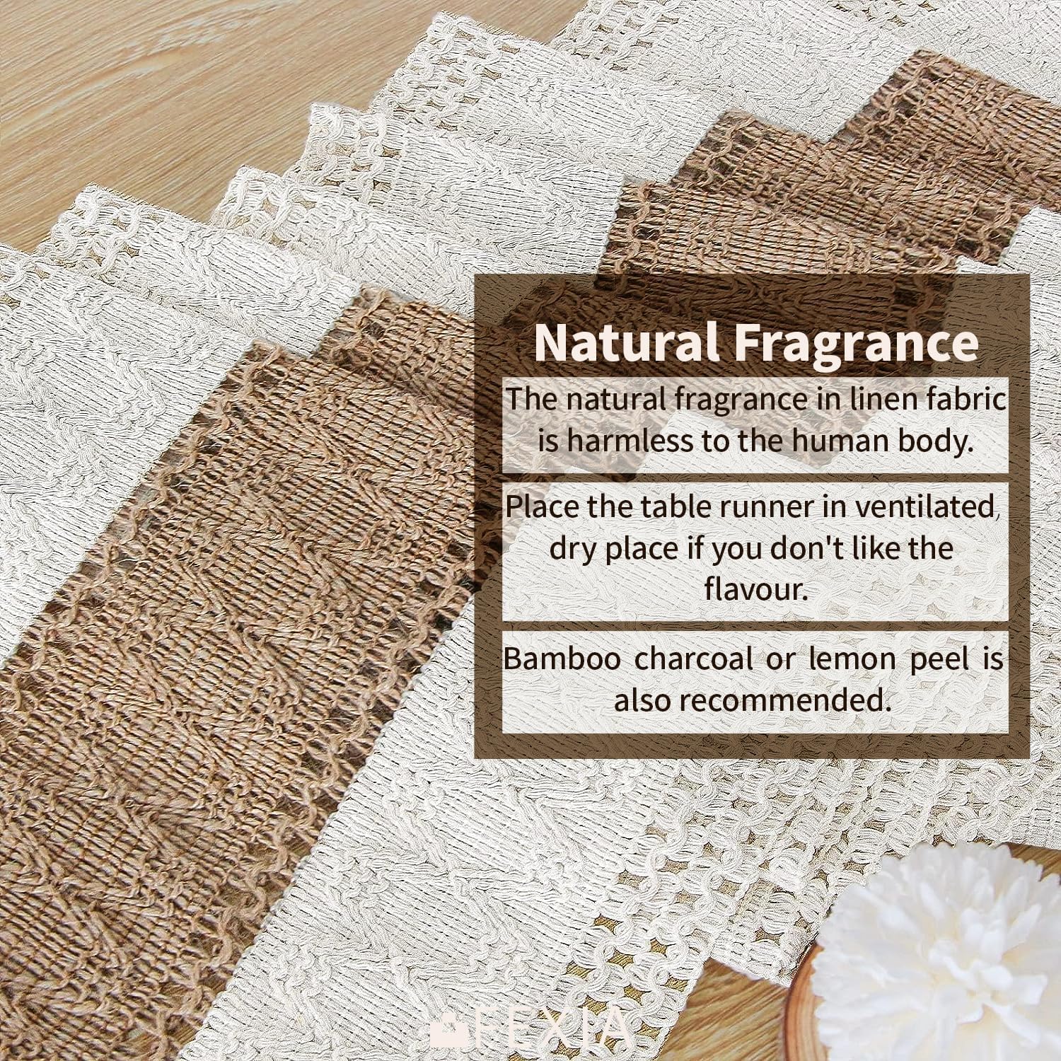 Highlights the natural fragrance of the linen fabric and provides reassurance about its safety and options for managing the scent.