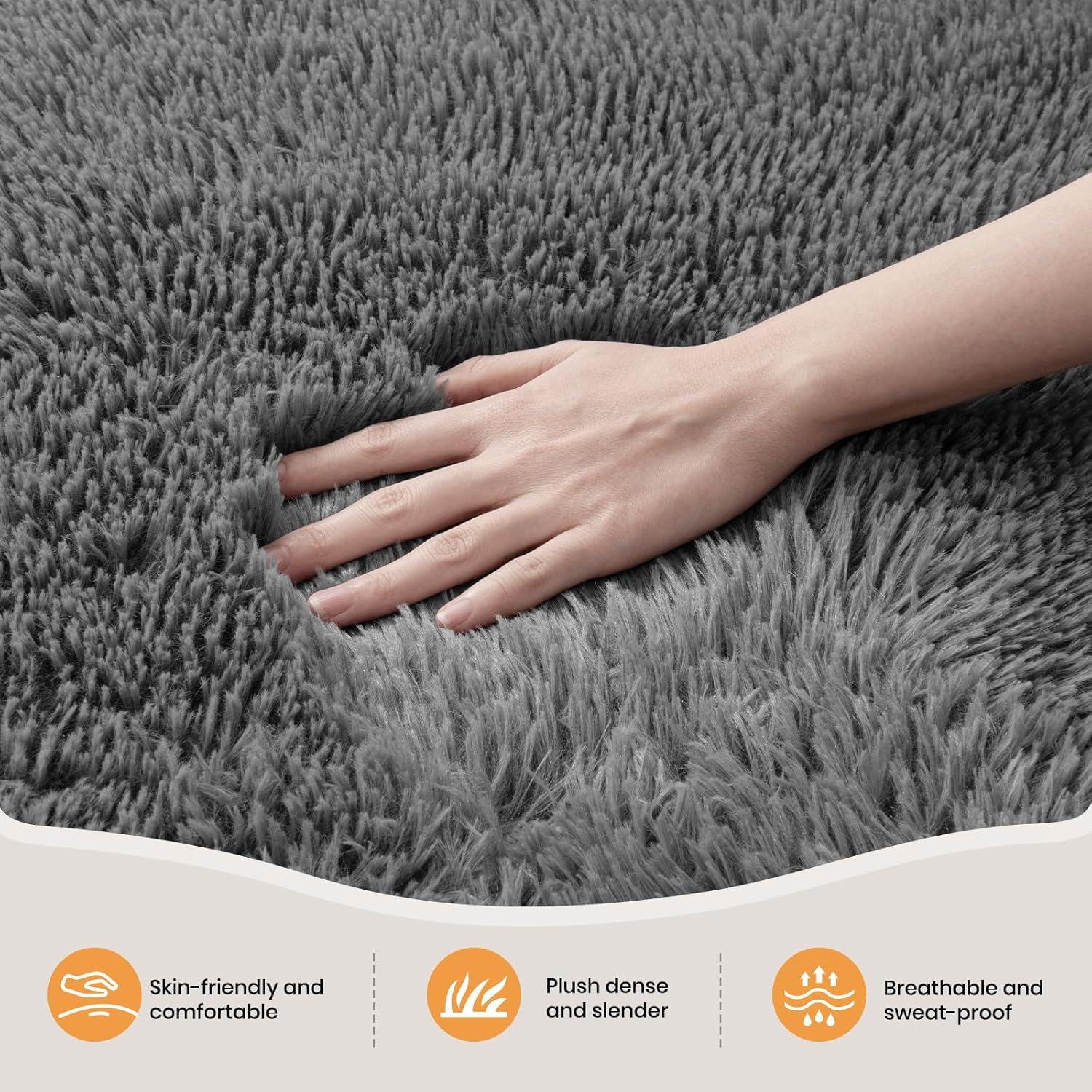 Highlights multiple comfort and quality features of the carpet or rug to demonstrate its superior feel and performance.