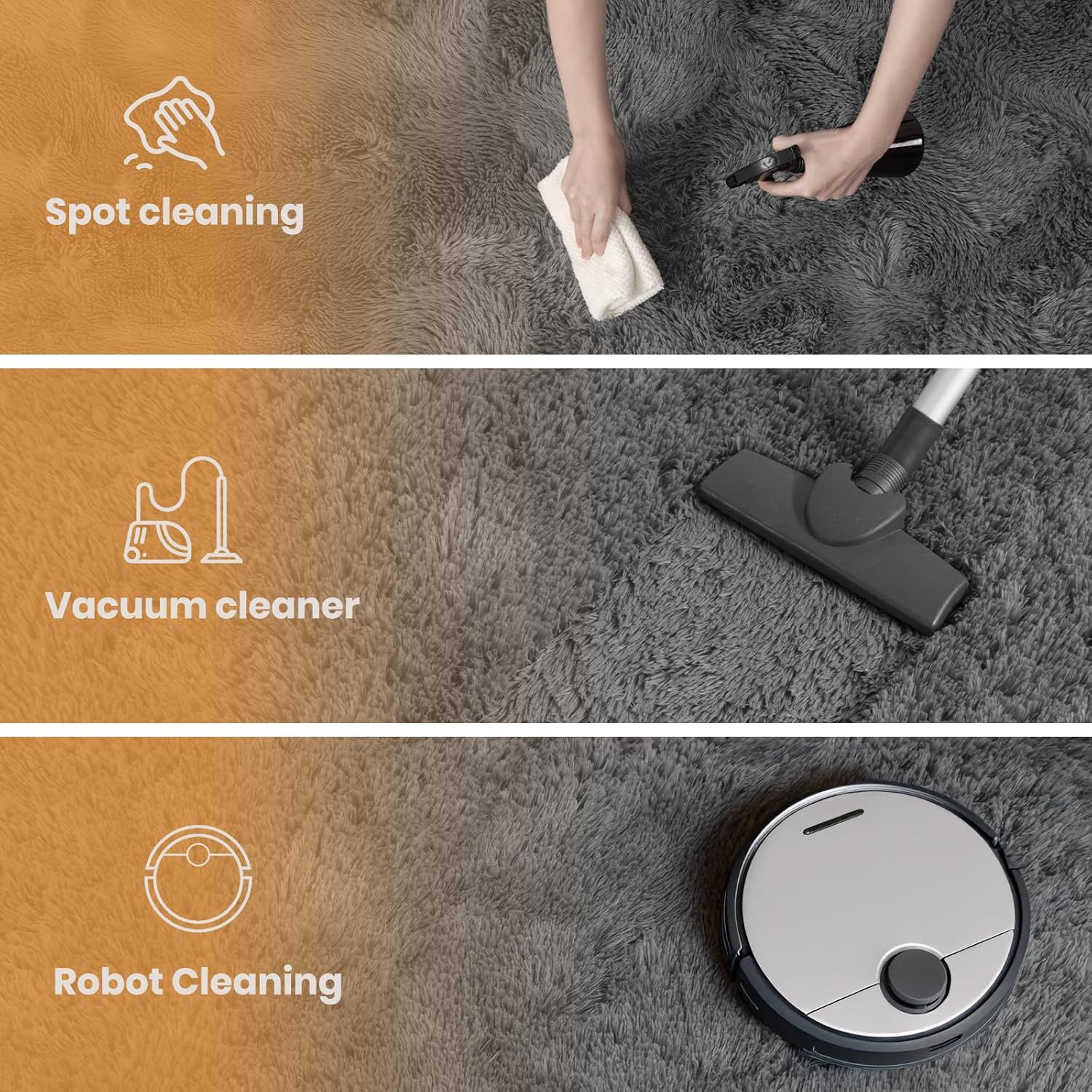 Demonstrates different cleaning techniques for carpets, showing the versatility of the product for various cleaning needs.